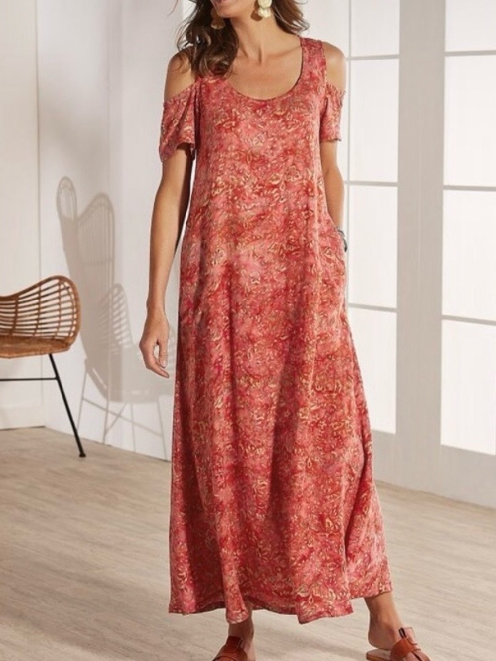 Soft Surroundings XL Pink Batik Cold Shoulder Maxi Dress Boho Resort